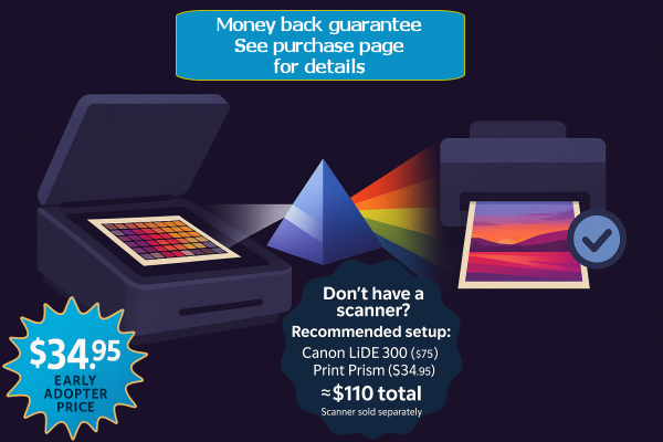 Illustration of a scanner reading a color target through a prism into a printer making a vibrant print