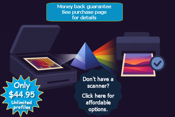 Illustration of a scanner reading a color target through a prism into a printer making a vibrant print