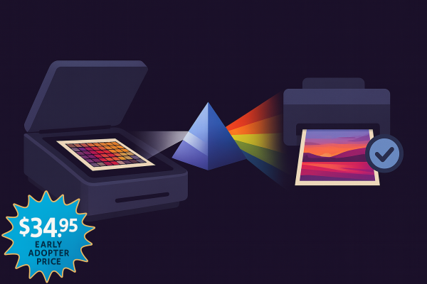 Illustration of a scanner reading a color target through a prism into a printer making a vibrant print