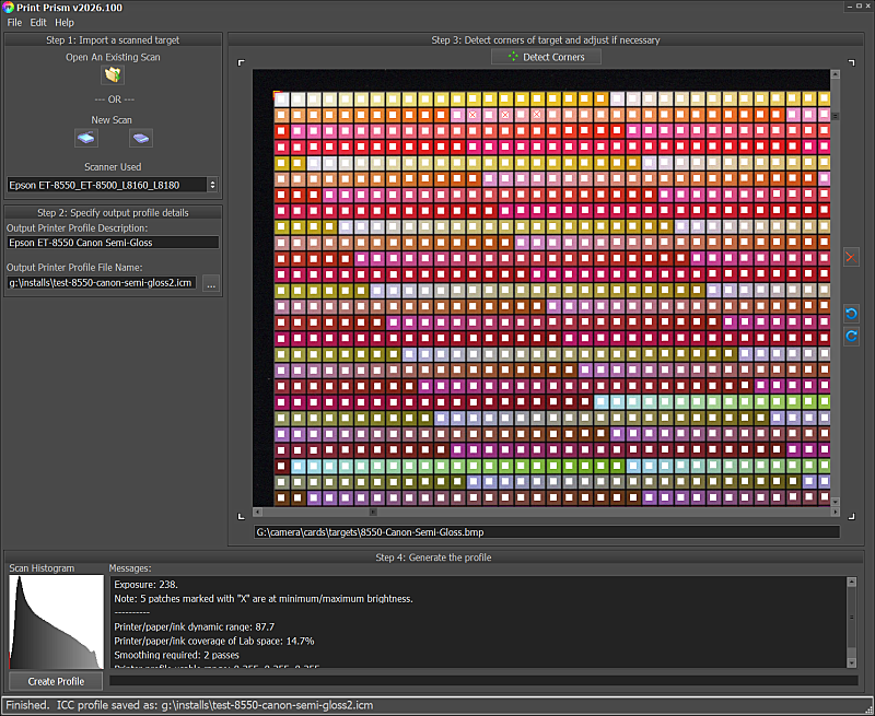 Print Prism main window showing scanned target and profiling controls